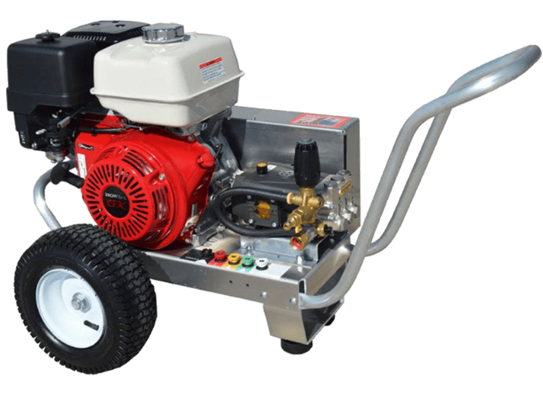 A portable gas-powered pressure washer with a red engine, black and white components, and a flexible hose attached to a metal frame with large black wheels.