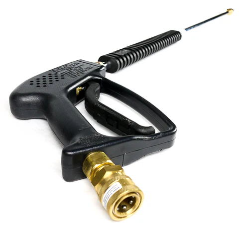 A black pressure washer trigger gun with a brass connector and a long wand attachment on a white background.