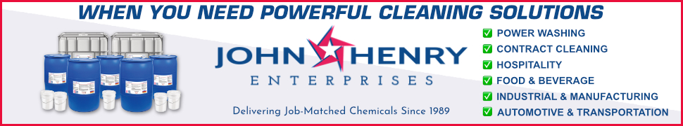 Banner for John-Henry Enterprises featuring chemical drums and a checklist of cleaning services, including power washing, contract cleaning, and more, established since 1969.